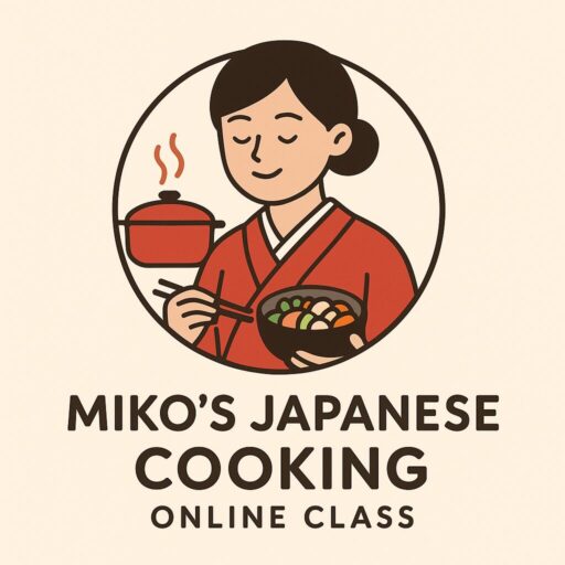 Logo of Miko's Japanese Cooking Online Class, featuring a woman in kimono holding a traditional Japanese food bowl, standing in front of a cooking pot
